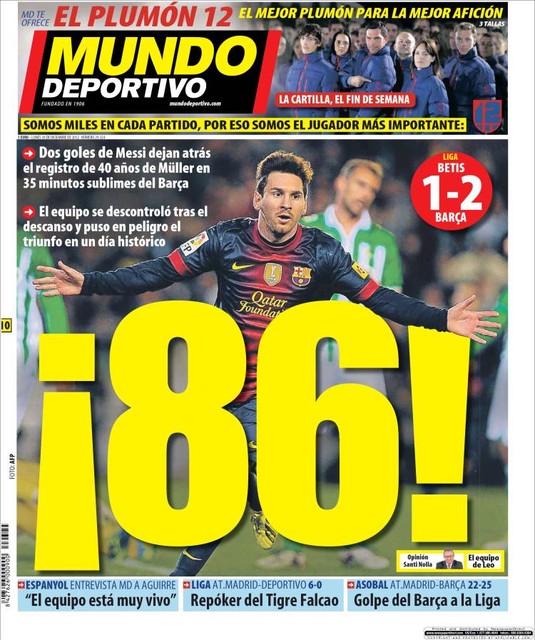 Mundo Deportivo: 86! 2 гола Месси оставили позади державшийся в течение 40 лет рекорд Мюллера в первые 35 минут игры<br /><br />
Команда не контролировала игру после перерыва и могла не добиться триумфа в исторический день