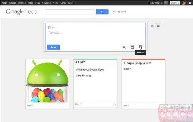 Скриншот сервиса Google Keep с сайта androidpolice.com
