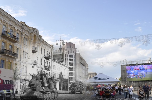 Киев 1943/2012 Танки генерала Кравченко, освободившие Киев, проходят по Крещатику.