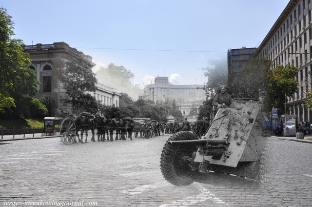 Киев 1941/2012 Немецкая пушка на пл.Сталина (ныне Европейской)