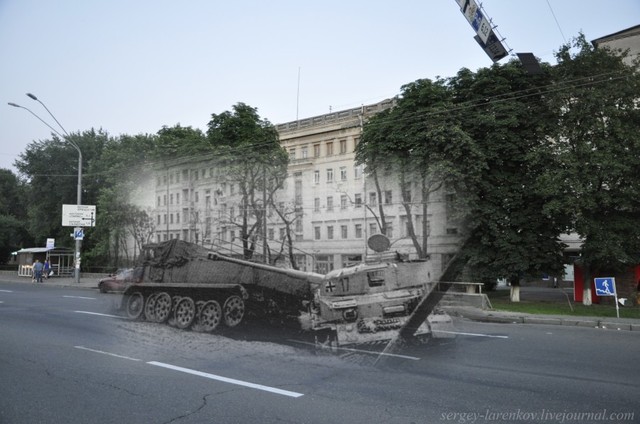 Киев 1943/2012 Уничтоженная немецкая техника на Брест-Литовском шоссе (ныне проспект Победы)