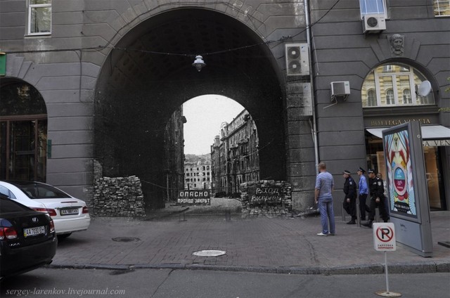 Киев 1944/2012 Разрушенный Большой Пассаж со стороны ул. Заньковецкой