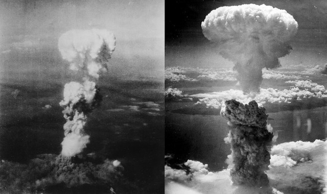 Грибовидное облако от ядерного взрыва над Хиросимой (слева) и Нагасаки (справа). Первый взрыв прогремел 6 августа 1945 года, а второй – 9 августа 1945 года. В течение 2-4 месяцев после ядерных взрывов в Хиросиме погибло от 90 000 до 166 000 человек, а в Нагасаки – от 60 000 до 80 000