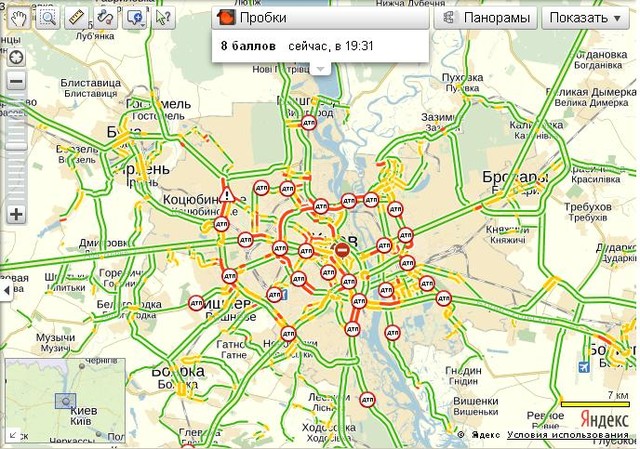 В Киеве – заторы на километры. Фото: принтскрин карты на Яндексе