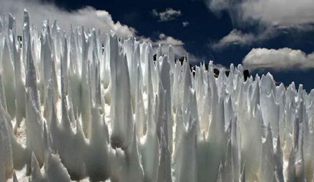 Кальгаспоры<br />
Кальгаспоры— своеобразные образования на поверхности снеговых и фирновых полей в виде наклонных игл или пирамид высотой до 6 метров в высокогорьях тропиков и субтропиков. На леднике Кхумбу горы Эверест обнаружены кальгаспоры высотой до 30 м. Для альпинистов этот тип ледника представляет собой сложное препятствие, но небольшие кальгаспоры значительно облегчают движение по крутым ледовым или фирновым склонам, образуя ступеньки. Они образуются в условиях высокого стояния солнца, сухости воздуха и сильной инсоляции на участках, лишенных моренного покрова или усеянных редкой галькой, вследствие неравномерного таяния фирна.<br />
