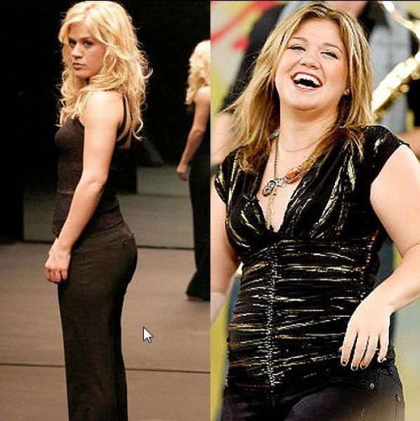 Певица Келли Кларсон страдает ожирением. В 2011 году певица сильно удивила своих поклонников, прибавив  пару десятков лишних килограмм.
