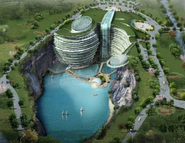 Отель Waterworld<br />
В Китае строят 5-пятизвездочный отель, с невероятной конструкцией. Отель  будет построен на воде, и будет напоминать огромную дамбу. В середине этого здания будет расположен 10-ти метровый аквариум с самыми разнообразными морскими обитателями. Отель будет открыт в городе Сонг Янг приблизительно в 2015  году, строительством занимается компания Atkins. Примечателен также тот факт, что отель будет расположен на практически отвесной скале, таким образом, он будет повторять часть контуров утеса. Количество комнат в отеле составляет 400.<br />

