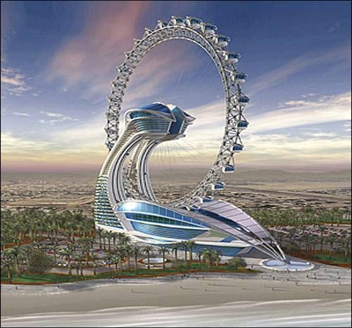 Отель Diamond Ring или Voyager V1<br />
Отель спроектирован в форме колеса обозрения высотой в 185 метров. Расположение отеля – город Абу-Даби, в Объединенных  Арабских Эмиратах.<br />
