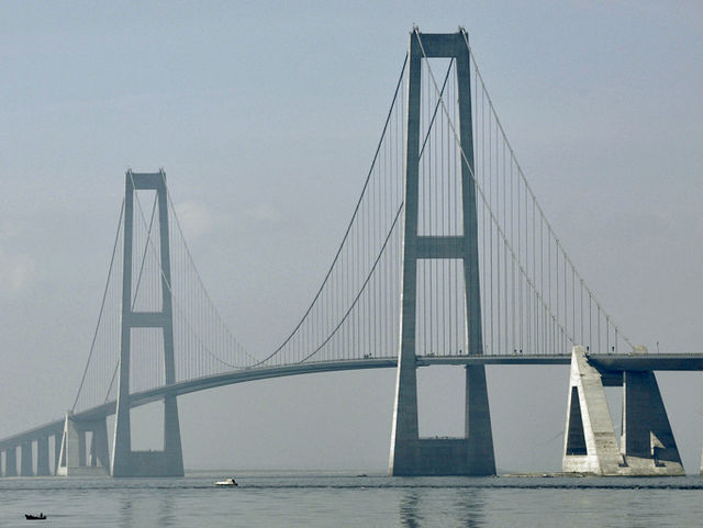 Мост Большой Бельт<br />
Мост Большой Бельт — висячий мост в Дании, третий в мире по длине пролета. Пересекает одноименный пролив и соединяет острова Фюн и Зеландия. Ежедневно по мосту Большой Бельт проезжает 27  тысяч автомобилей. Восточный виадук Восточного моста имеет длину 2800 м, западный — 1700 м. Главная часть представлена подвесным мостом с центральным пролетом в 1624 м и двумя боковыми пролетами по 585 м, высота пролета — 57 м. Пилоны выполнены из железобетона, а настил из стали. Пилоны поднимаются на 280 м над уровнем моря и состоят из двух пустотелых конусообразных колонн, соединенных двумя траверсами. Мост имеет огромное значение для Европы. Благодаря мосту прямой путь из Копенгагена в Оденсе занимает лишь 1 час 15 минут, из Копенгагена в Орхус — 2 часа 30 минут, из Копенгагена в Ольборг — 3 часа 55 минут. Благодаря строительству моста были прекращены внутренние авиаперелеты между Копенгагеном и Оденсе, количество авиарейсов между Копенгагеном и городами Орхус, Ольборг и Эсбьерг было значительно сокращено. Основным общественным транспортом на этих направлениях стал поезд. Вместе с мостом через Эресунн мост Большой Бельт обеспечивает прямую связь между континентальной Европой и Скандинавией. Благодаря этому мосту резко увечилось количество поездок на поездах и автомобилях между Швецией и Германией, восточной Данией и Германией. Так, благодаря этому мосту путь из Гамбурга в Копенгаген на ночном поезде занимает 4 часа 45 минут, на автомобиле — около 4 часов. Мост является единственной платной дорогой в Дании. Стоимость проезда на легковом автомобиле через мост Большой Бельт в 2013 году составляла 235 датских крон (33 евро).<br />
