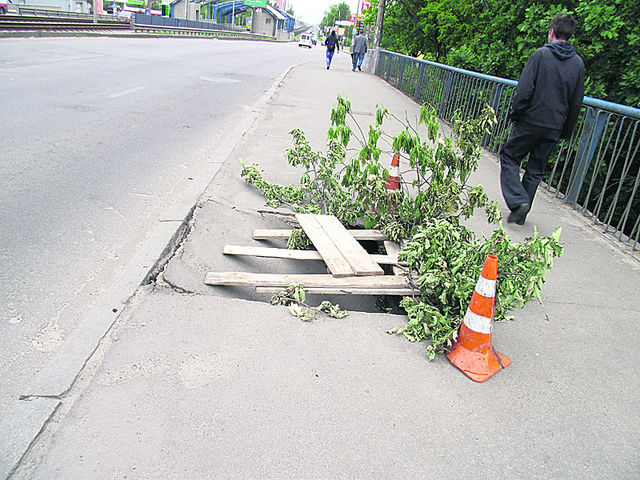 Горожане заложили яму ветками, чтобы никто не провалился. Фото: В.Лазебник, "Сегодня"
