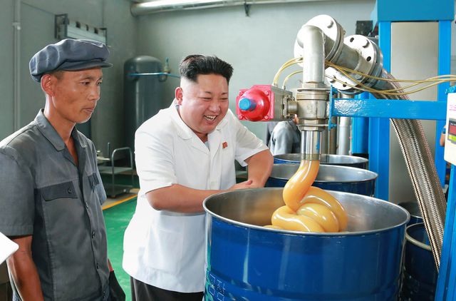 КНДР. Северокорейский лидер Ким Чен Ын, который находится во главе государства около двух с половиной лет, продолжил семейную традицию. Он, как и его отец и дед, периодически посещает больницы, фабрики и воинские части, чтобы давать рабочим и военнослужащим советы. В этот раз Ким Чен Ын посетил завод смазочного масла "Чхончжи". Фото: AFP