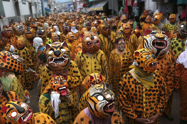 Мексика. Люди в костюмах тигра вышли на парад. В таких нарядах они просят небеса, чтобы пошел дождь для хорошего урожая. Фото: AFP