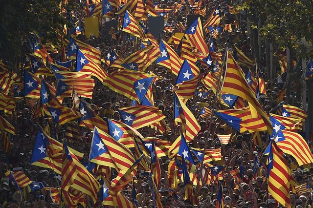 11 сентября, 2014. В  Барселоне отметили  один из самых важных праздников области – Национальный день Каталонии. Он знаменует годовщину окончания осады Барселоны 1714 года – последнего сражения войны на испанское наследство, которая привела к утрате каталонцами своей автономии. В этот день весь город окрашивается в цвета национального флага Каталонии, проходят яркие демонстрации, политические акции, концерты и праздничные мероприятия. Фото: AFP 