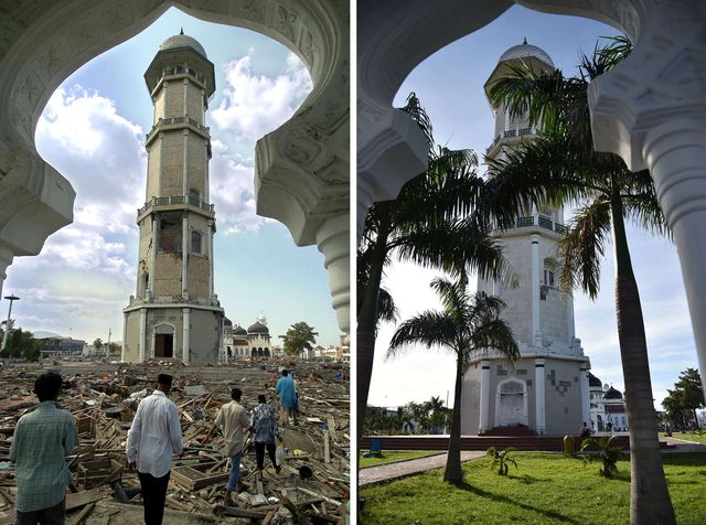 Мечеть Baiturrahaman в Банда-Ачех, провинции Ачех, снимок был сделан через два дня после разрушительного цунами. Справа – фото 27 ноября этого года. Фото: AFP