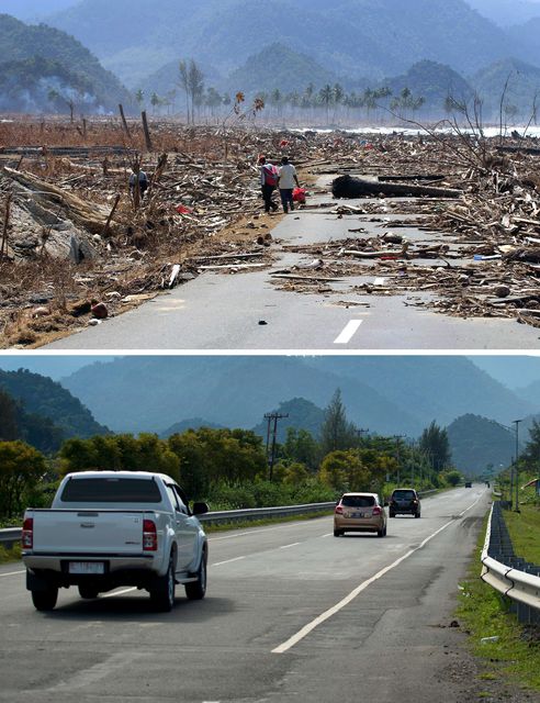 Фотографии прибрежной дороги 9 января 2005 года и 29 ноября 2014 года. Фото: AFP