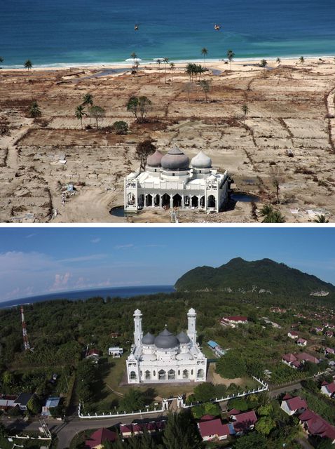 Поврежденная мечеть в прибрежной зоне Lampuuk, Банда-Ачех, нижнее фото было сделано в прошлом месяце. Фото: AFP