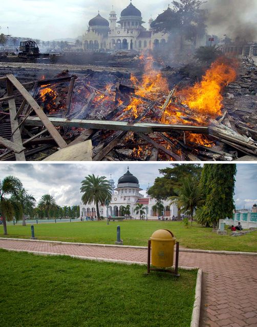 Центр города Банда-Ачех после пожара 26 декабря, 2004 года.  Снизу – 6 декабря 2014/ Фото: AFP  