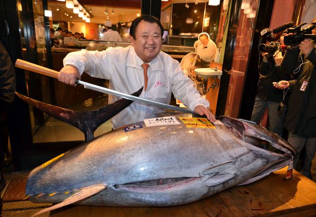 Колоссальный тунец был куплен на японском аукционе за $37 тысяч. 180-килограммовая рыба продавалась на традиционных новогодних торгах токийского рынка Цукидзи. Гигантского голубого тунца выкупил владелец крупной ресторанной сети Киеси Кимура. По словам Кимуры, он был "удивлен покупке такого лота по столь низкой цене". Фото: AFP<br />
