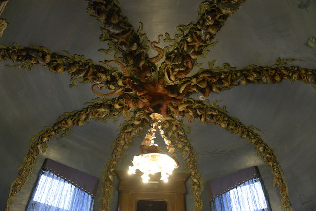 Разноцветная лепнина в виде щупальцев осьминога, украшенных морскими раковинами, ежами и водорослями на полтолке холла Дома с химерами