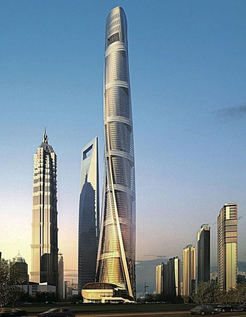 4 место: Шанхайская башня. Как не сложно догадаться, она находится в китайском городе Шанхай. При высоте в 632 м ее общая площадь — 380 000 квадратных метров. В 2015 году, после завершения строительства, она стала первой по высоте во всем Китае.<br />
