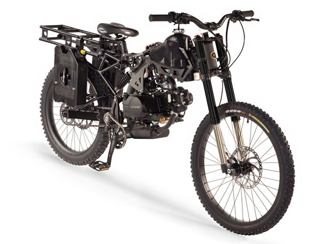 Motoped Survival Bike. А це зовсім реальний мотоцикл, виробляється американською компанією Motoped і коштує від $ 3200 до $ 3800. залежно від модифікації. Легка, швидка машинка з 125-кубовим двигуном має дуже жорстку і надійну конструкцію і весь необхідний обвіс, аж до можливості кріплення кулемета на багажнику. Правда, в серійному варіанті в комплекті йде арбалет.