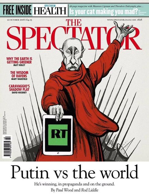 The Spectator, ведущий британский консервативный журнал. Тут уже речь о противостоянии Владимира Путина с остальным миром — и о том, как с помощью канала RT он ведет с оппонентами пропагандистскую борьбу. Обложка отсылает к каноническому советскому плакату 