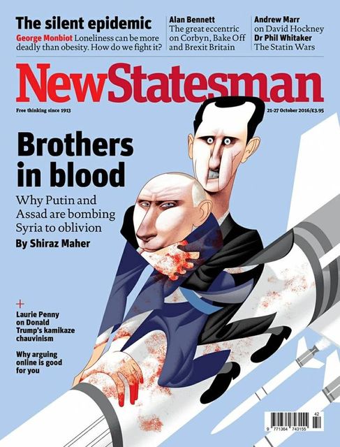 Обложка с посылом к событиям в Сирии: Башар Асад и Владимир Путин с окровавленными руками вместе летят на бомбе в Алеппо.