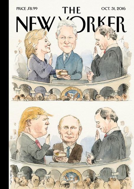 На обкладинці The New Yorker новообраний президент США приносить присягу на Біблії. У даному випадку відносно Дональда Трампа і Володимира Путіна мається на увазі англійський афоризм in bed with — бути в змові.